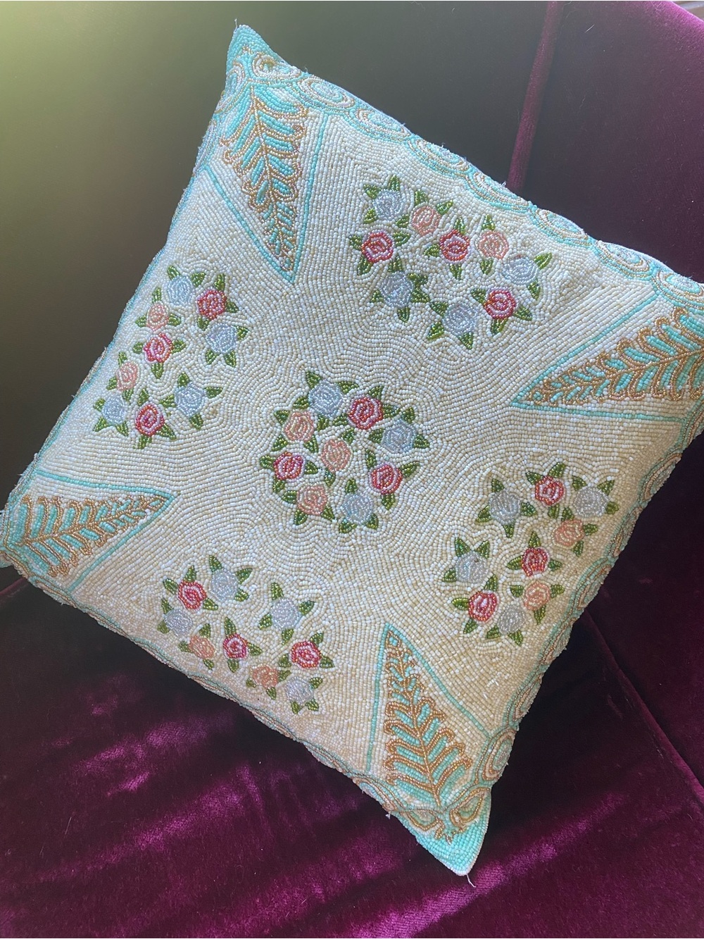 VTG Christiana Beaded Floral Throw Pillow Turquoise Pink Cottagecore Boho 15x15